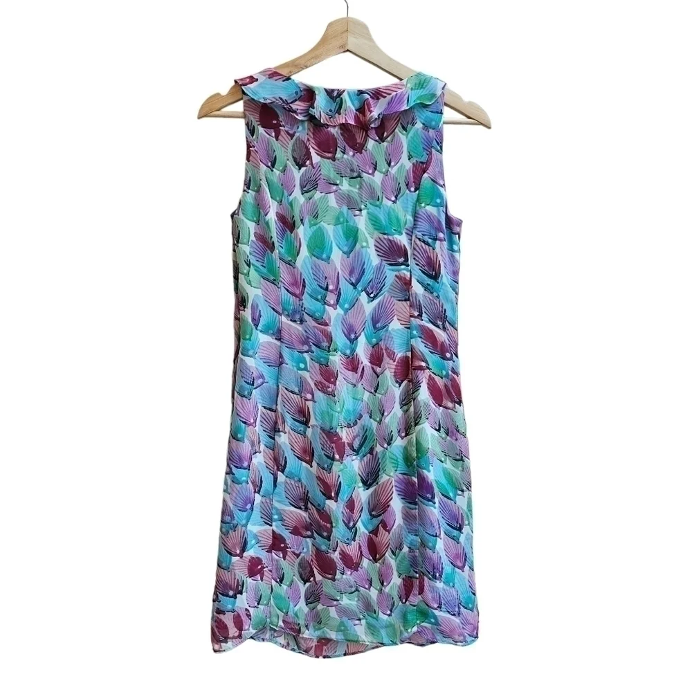 Adrianna Papell Ruffle Watercolor Shell or Leaf Print Dress Teal Purple Size 2